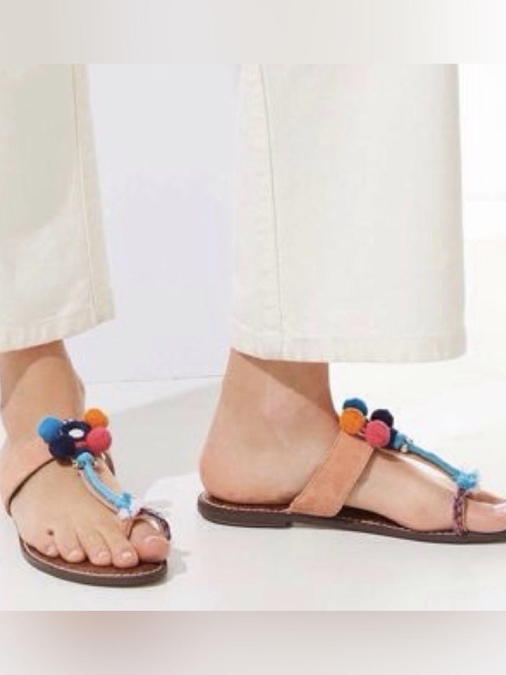 Sam Edelman Women’s Brown Leather T-Strap Sandals with Colorful Pom Accents